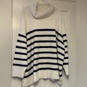 Lands' End White & Navy Striped Cowl Neck Sweater